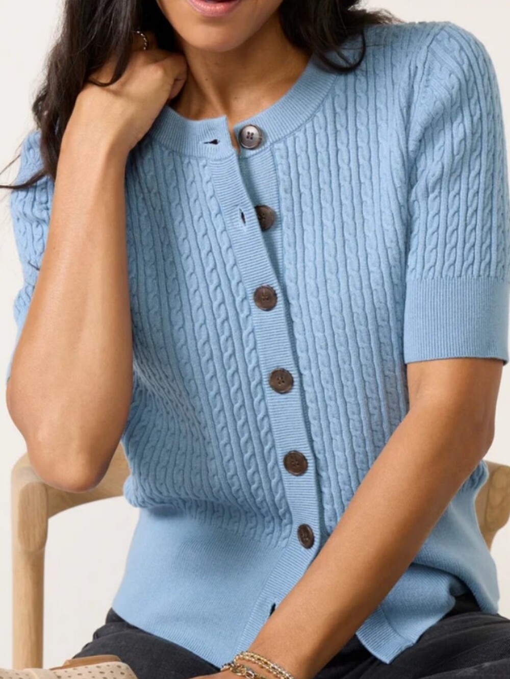 Varley Rhys Blue Cable Knit Short Sleeve Cardigan Sweater